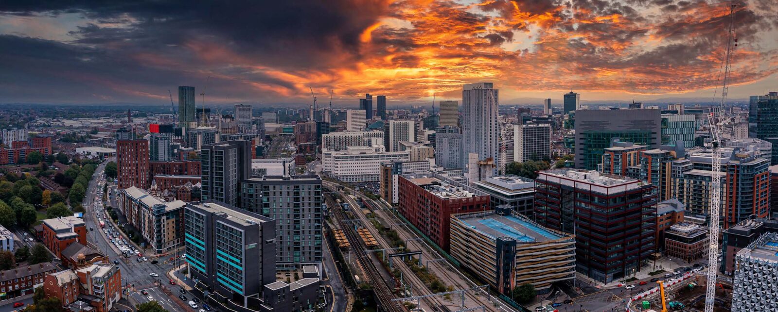Manchester skyline at sunset