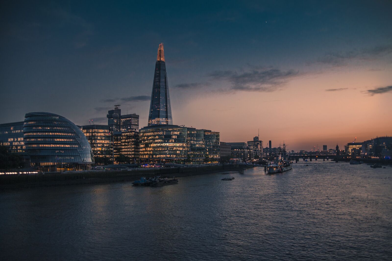 The Shard and London riverside at dusk